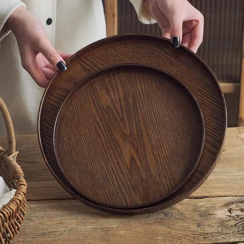 Vintage Round Serving Tray Wooden 21/24/27/30/33cm Wood Platte Dessert Pallet Coffee Home Table