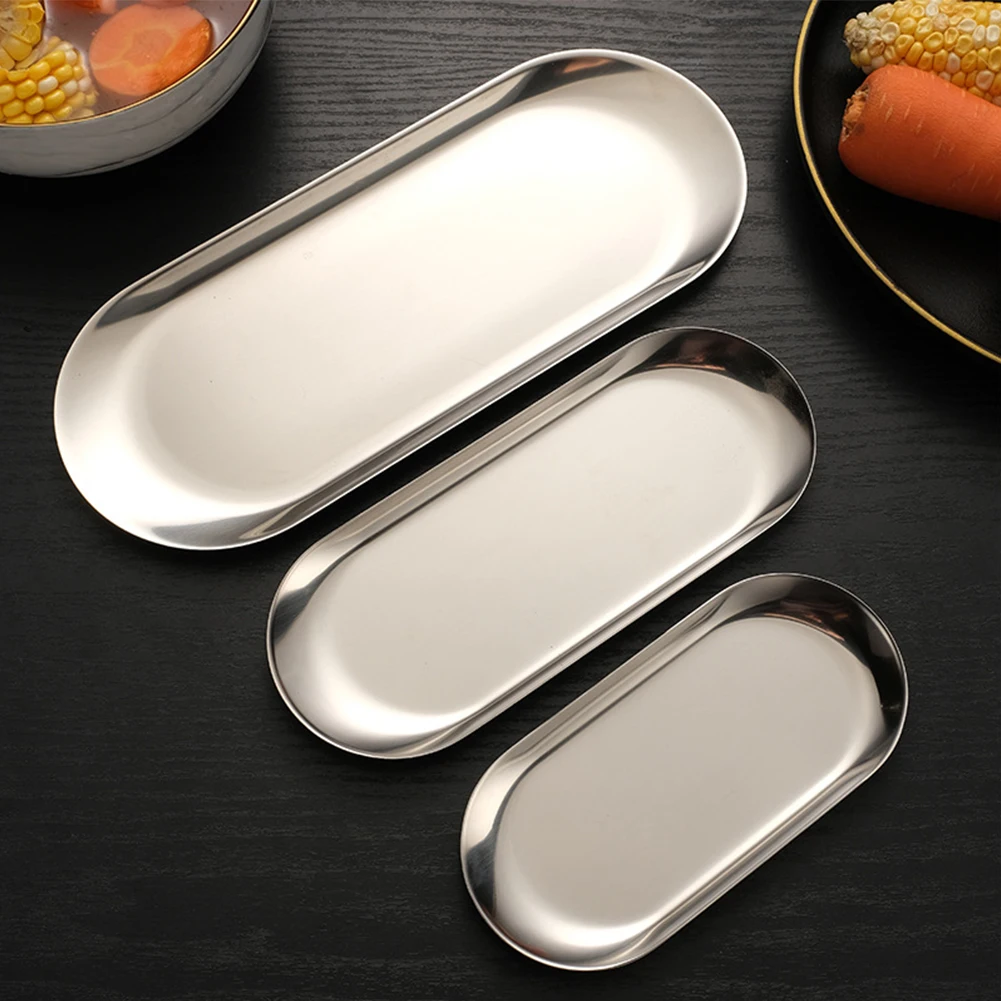 Oval Stainless Steel Trays Storage Tray For Tea Fruit Cosmetics Jewelry Display Kitchen Vanity Organizer Silvery