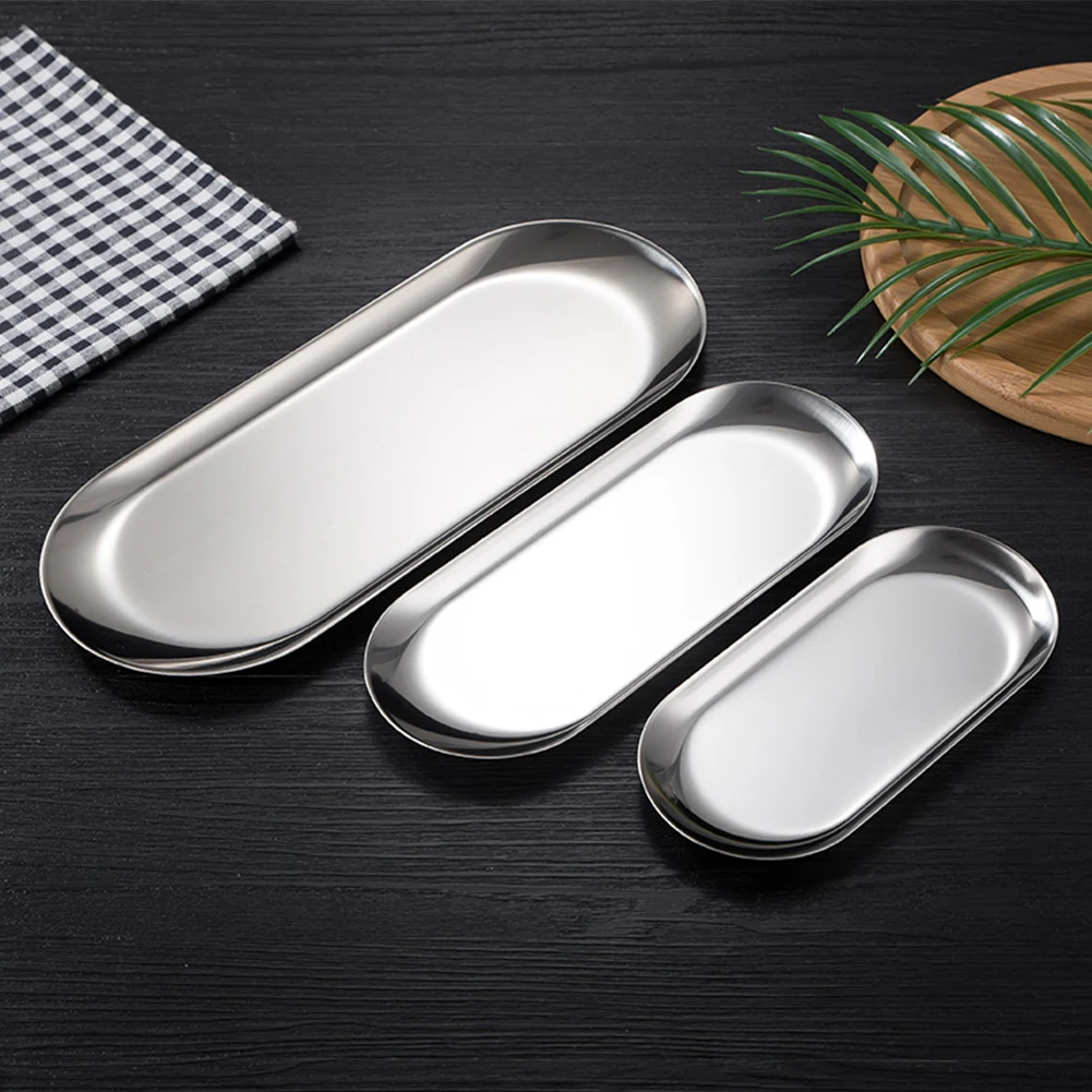 Oval Stainless Steel Trays Storage Tray For Tea Fruit Cosmetics Jewelry Display Kitchen Vanity Organizer Silvery