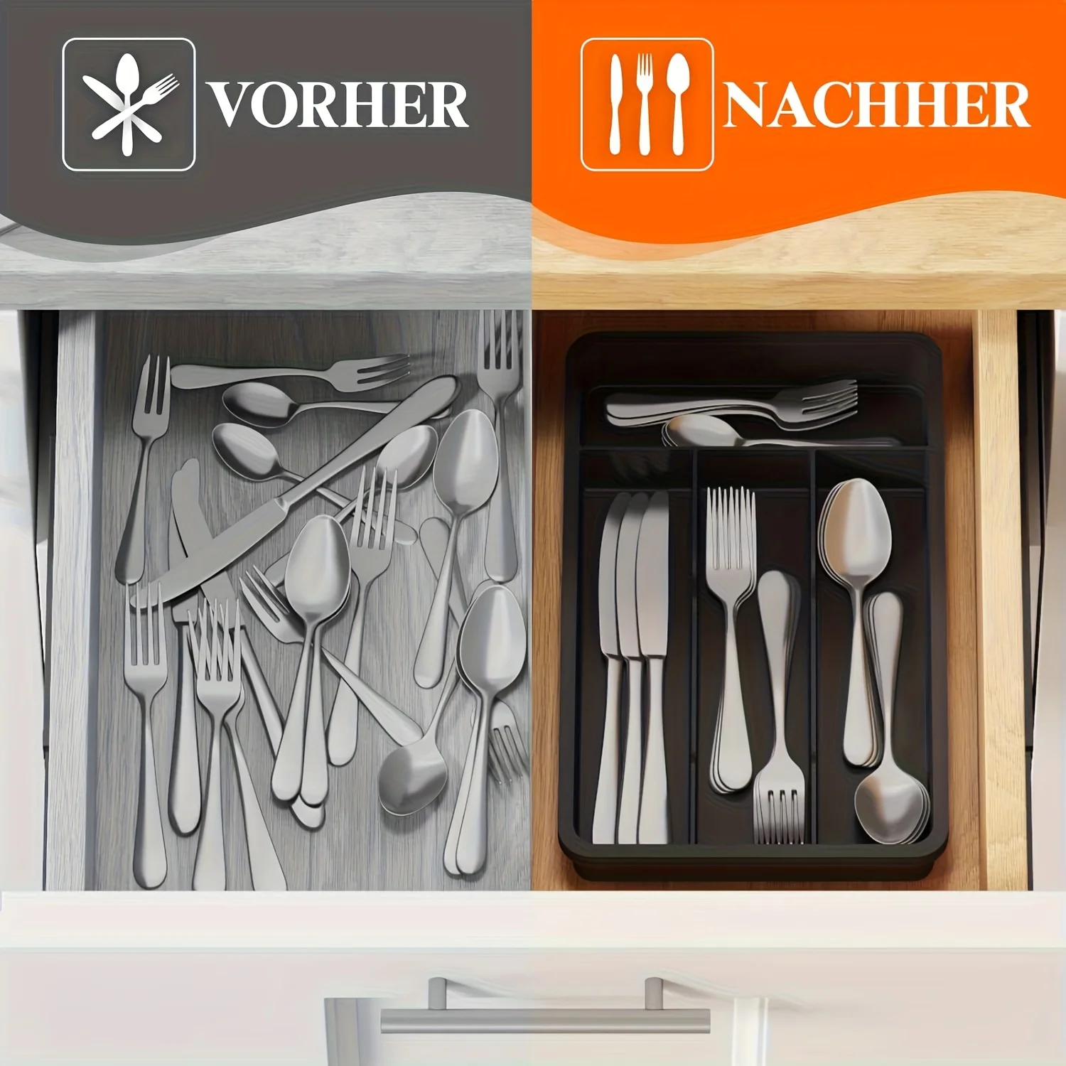 4 Slot Plastic Cutlery Tray Organizer Silverware Holder for Kitchen Drawer Black Non-Slip Utensil Storage Forks Spoons Knives