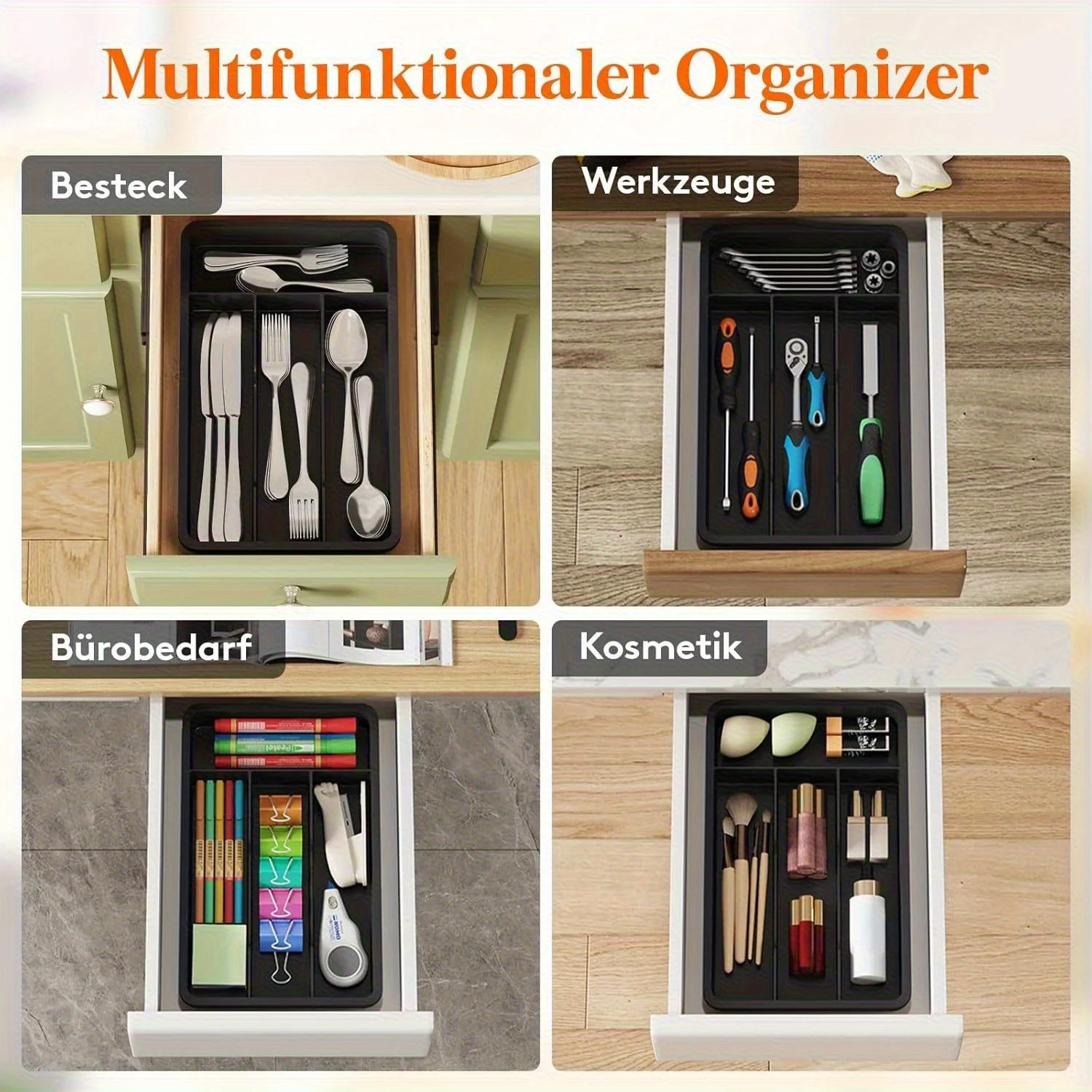 4 Slot Plastic Cutlery Tray Organizer Silverware Holder for Kitchen Drawer Black Non-Slip Utensil Storage Forks Spoons Knives