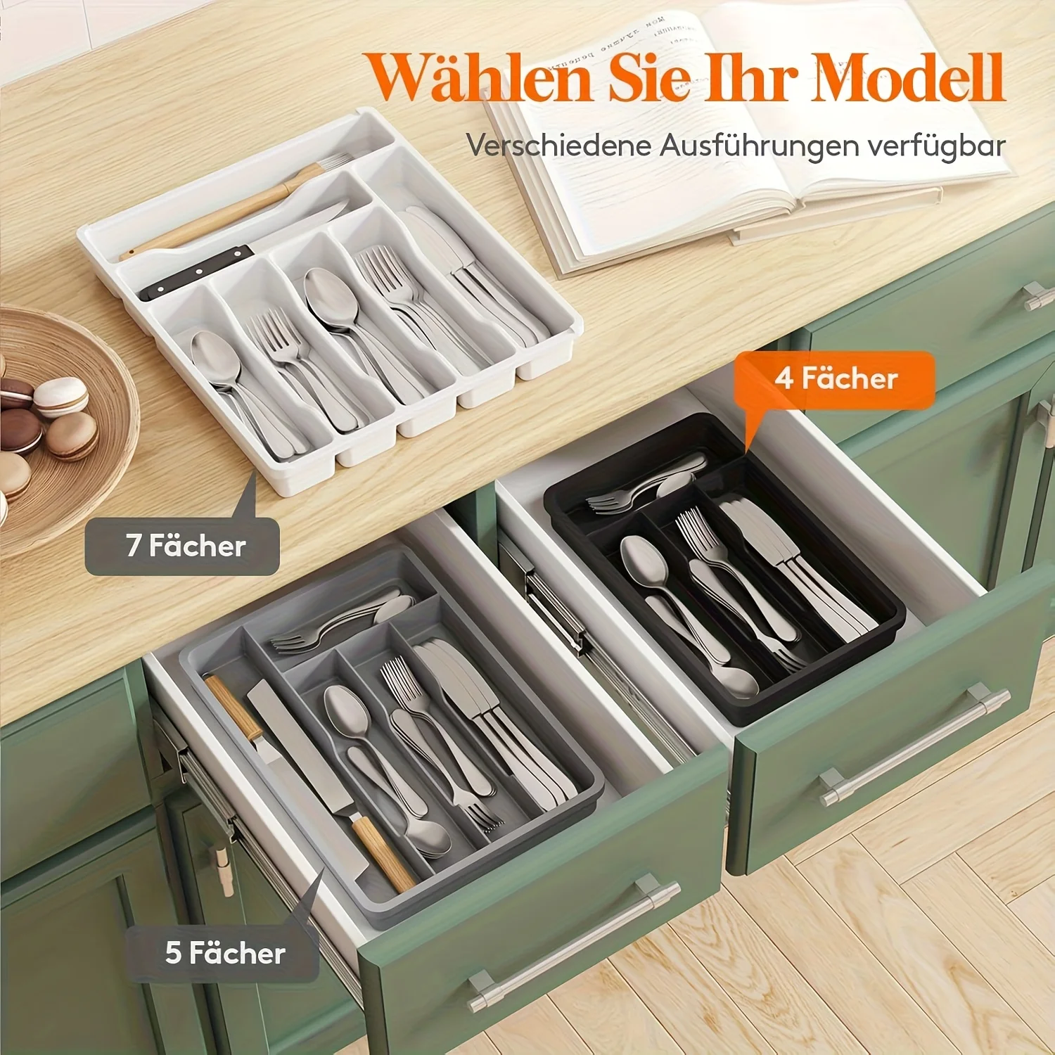 4 Slot Plastic Cutlery Tray Organizer Silverware Holder for Kitchen Drawer Black Non-Slip Utensil Storage Forks Spoons Knives