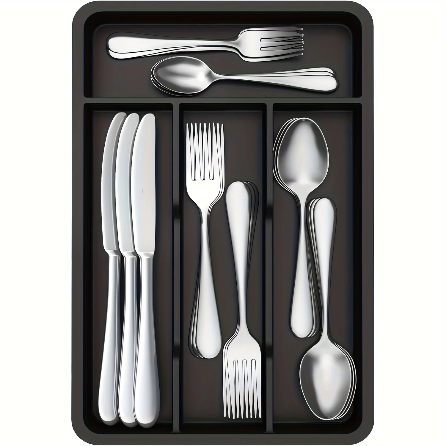 4 Slot Plastic Cutlery Tray Organizer Silverware Holder for Kitchen Drawer Black Non-Slip Utensil Storage Forks Spoons Knives