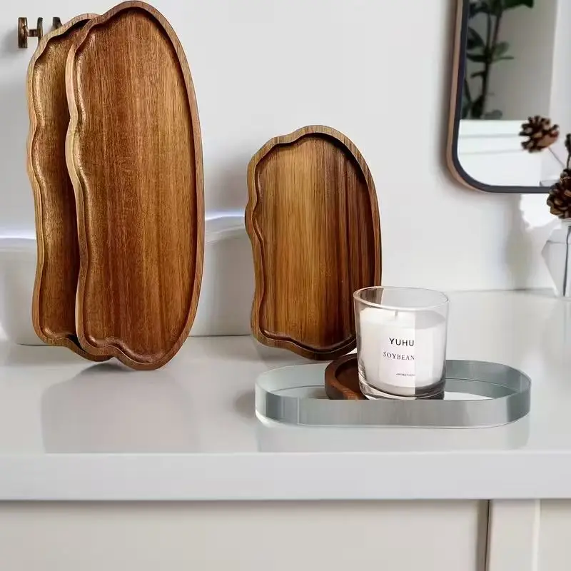 Bathroom Sink Tray, Acacia Wood Scented Candle Tray, Solid Wood Tray, Suitable for Dressing Table, Bathroom, Small Decorative Wo