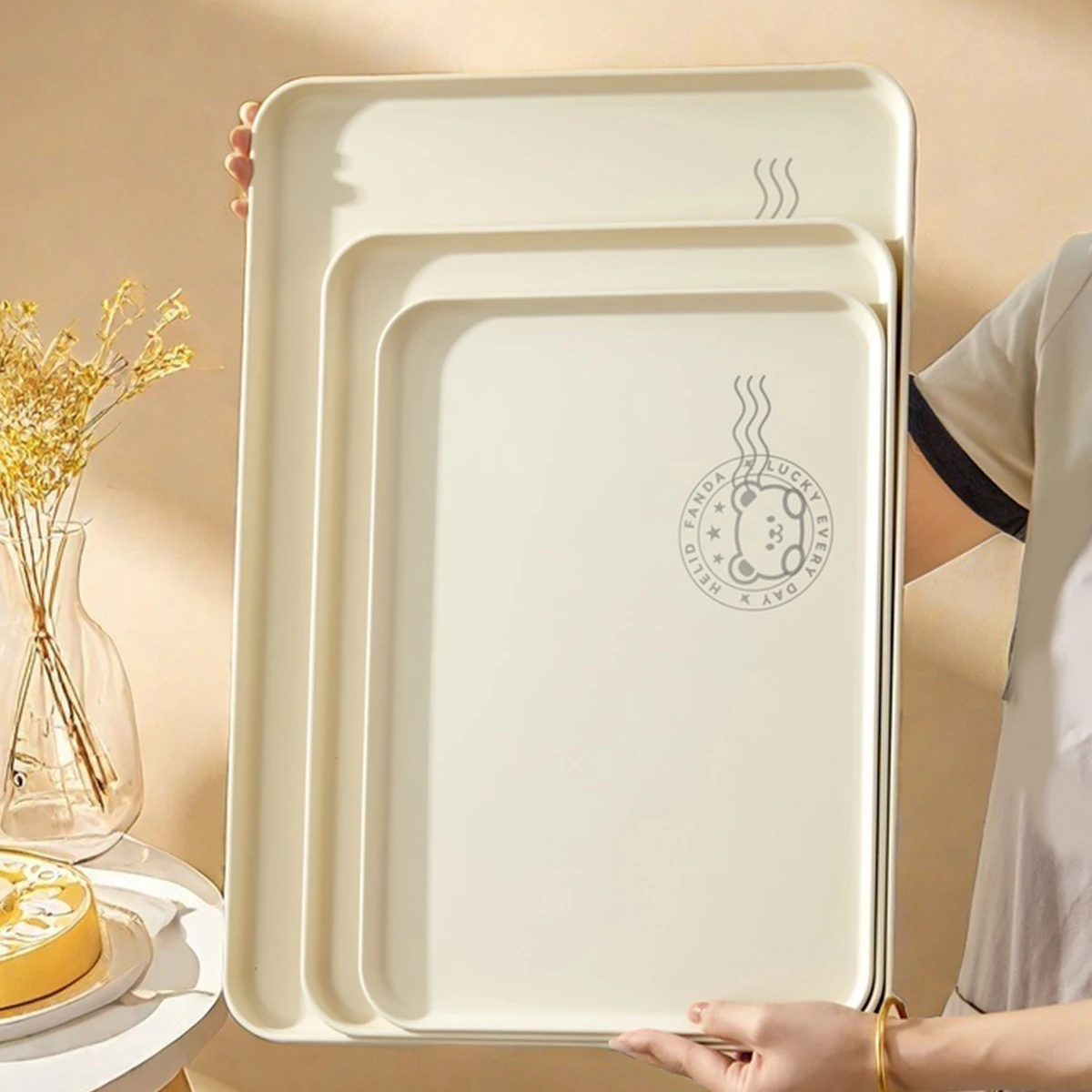 WORTHBUY Stackable Plastic Storage Tray Rectangular Fruit Dessert Tray Large Capacity Food Serving Tray Kitchen Organizer