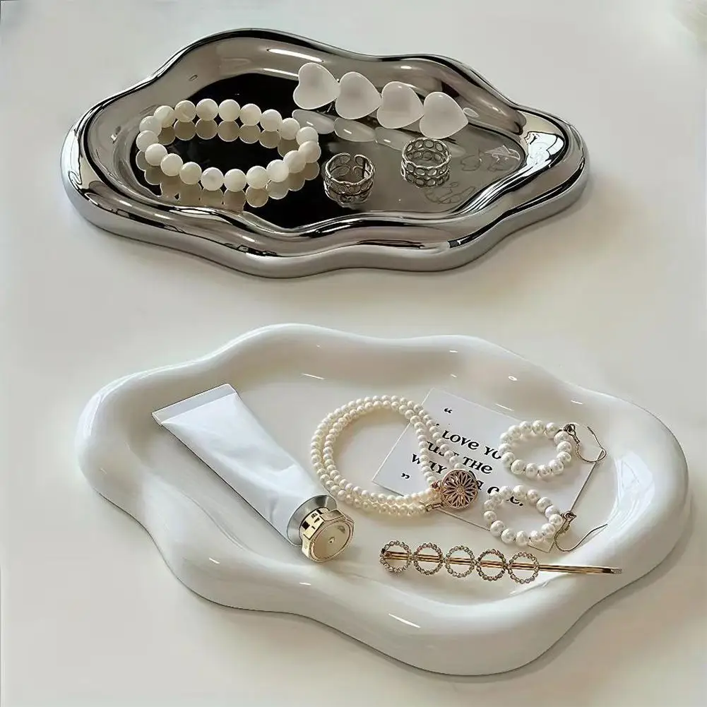 Simple Jewelry Storage Tray Creative White/silver Storage Tray Decorative Ornaments Electroplated Jewelry Tray