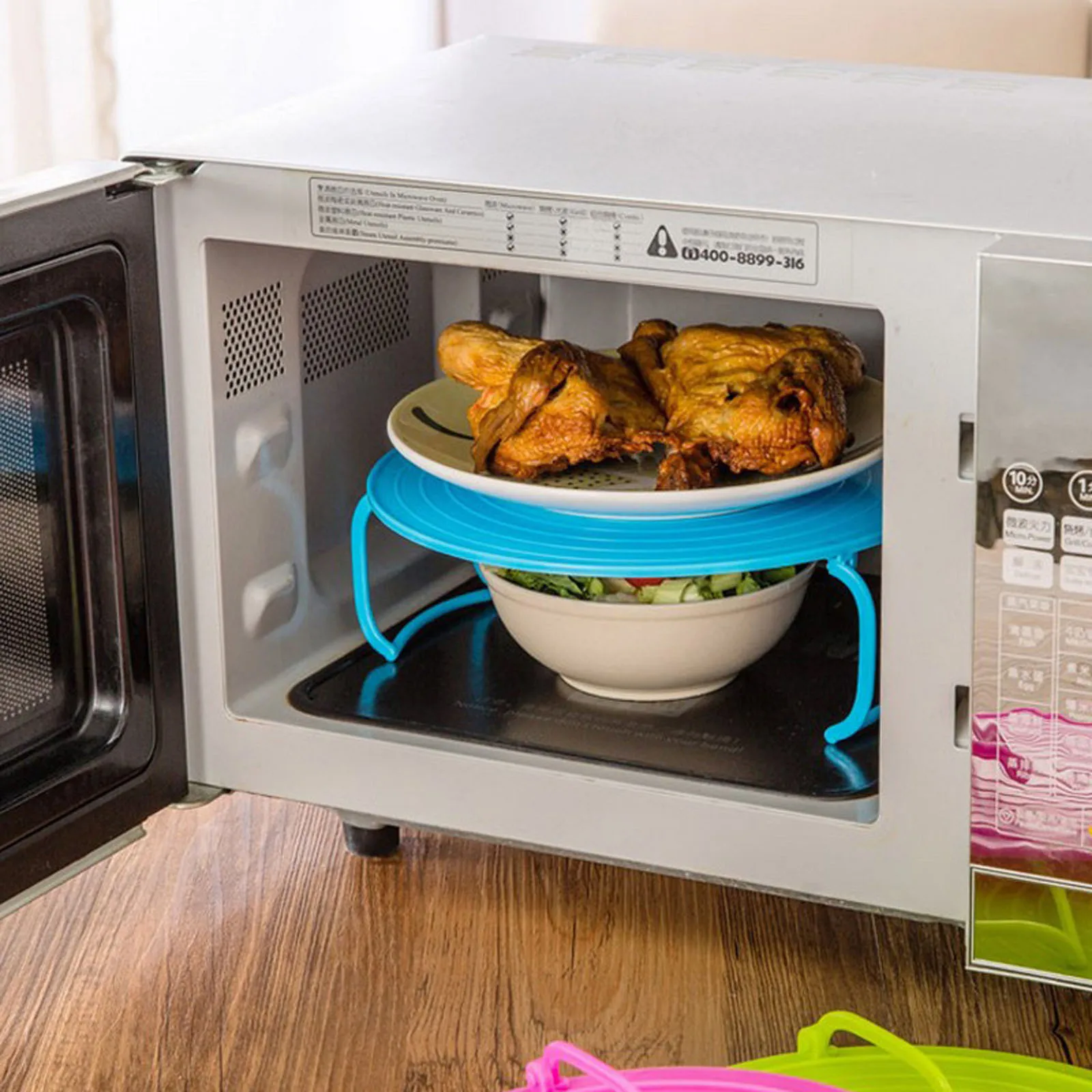 Multifunction Insulated Heating Tray Rack Plastic Kitchen Gadgets Microwave Steaming Rack Kitchen Storage Rack