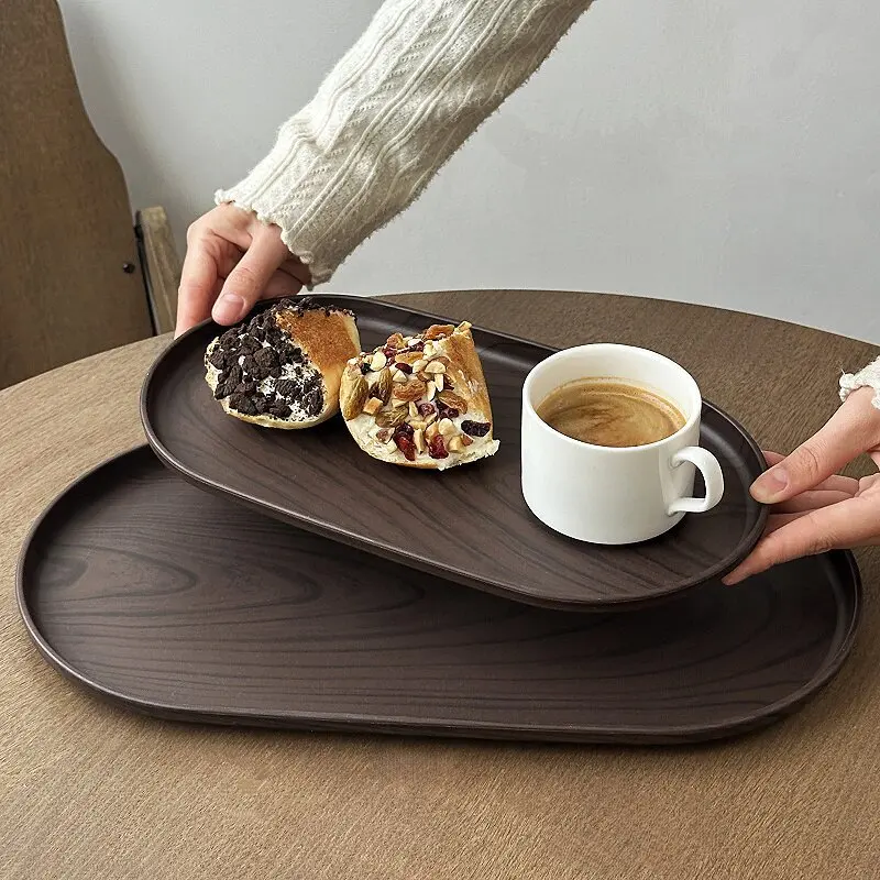 Walnut Wood Grain Oval Tray - Multi-Purpose Serving Plate for Coffee, Cakes, Snacks, Desserts & Kitchen Storage