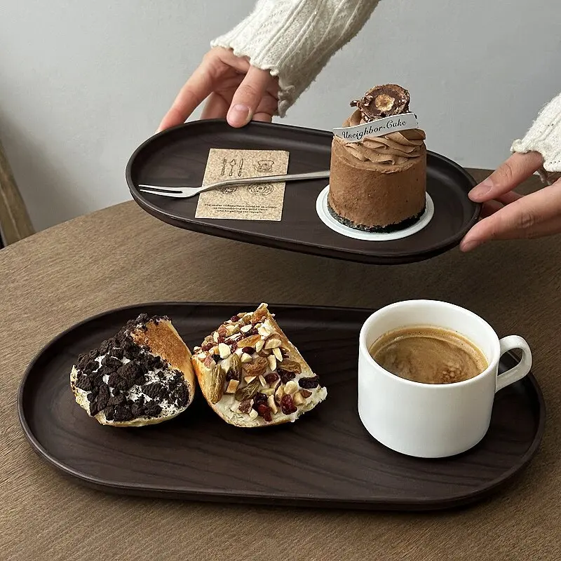 Walnut Wood Grain Oval Tray - Multi-Purpose Serving Plate for Coffee, Cakes, Snacks, Desserts & Kitchen Storage
