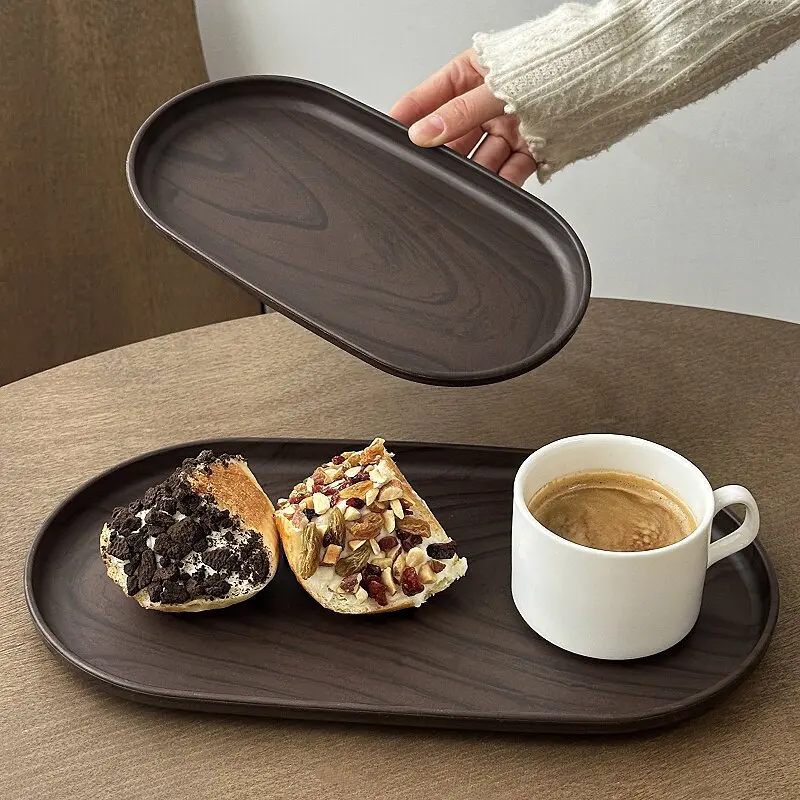 Walnut Wood Grain Oval Tray - Multi-Purpose Serving Plate for Coffee, Cakes, Snacks, Desserts & Kitchen Storage