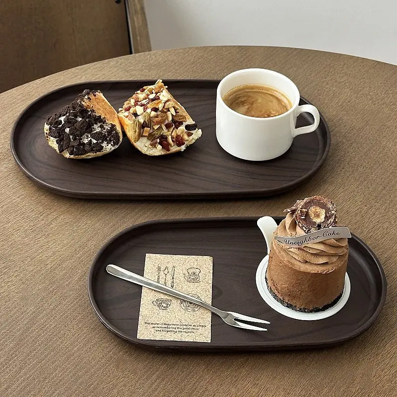 Walnut Wood Grain Oval Tray - Multi-Purpose Serving Plate for Coffee, Cakes, Snacks, Desserts & Kitchen Storage