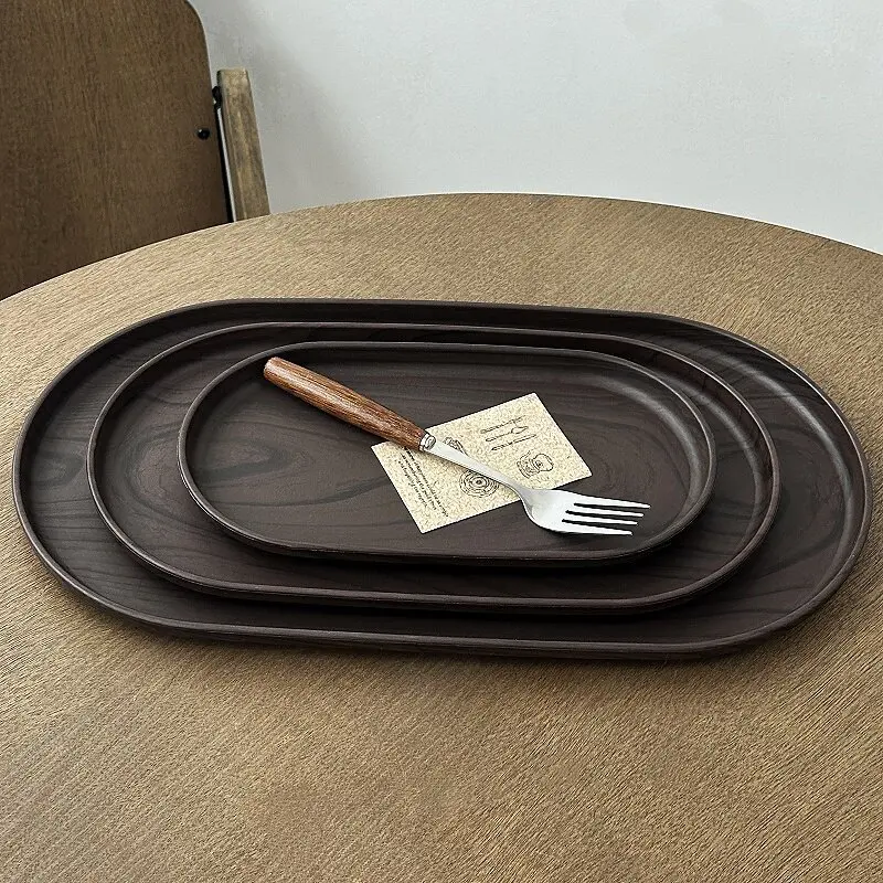 Walnut Wood Grain Oval Tray - Multi-Purpose Serving Plate for Coffee, Cakes, Snacks, Desserts & Kitchen Storage