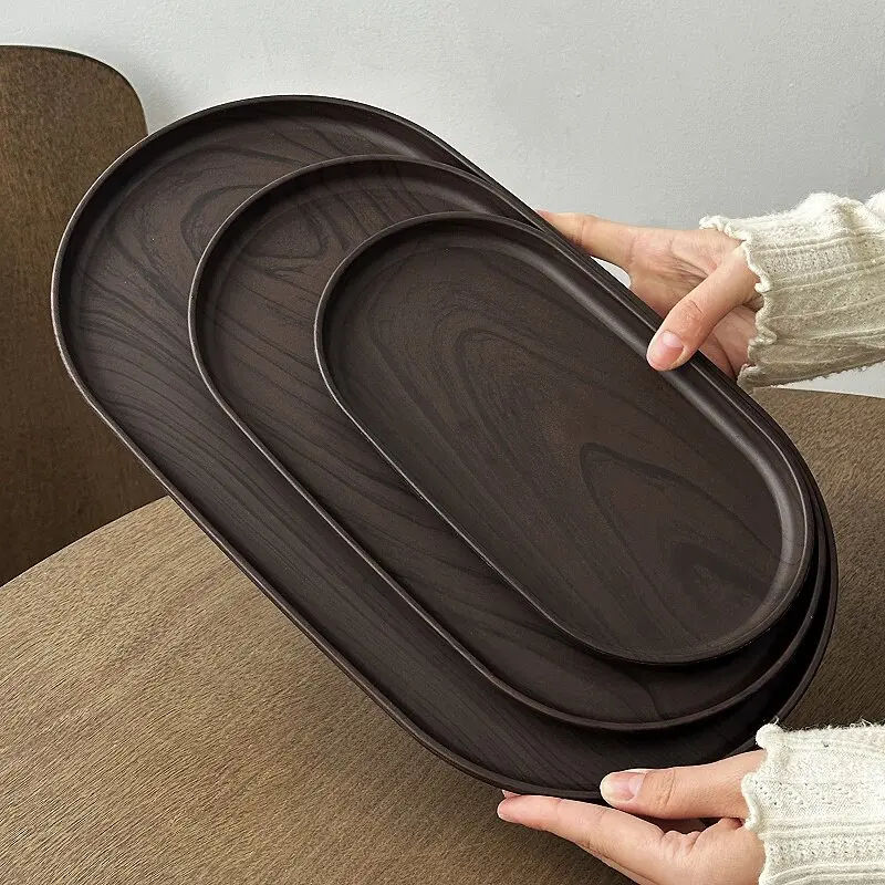 Walnut Wood Grain Oval Tray - Multi-Purpose Serving Plate for Coffee, Cakes, Snacks, Desserts & Kitchen Storage