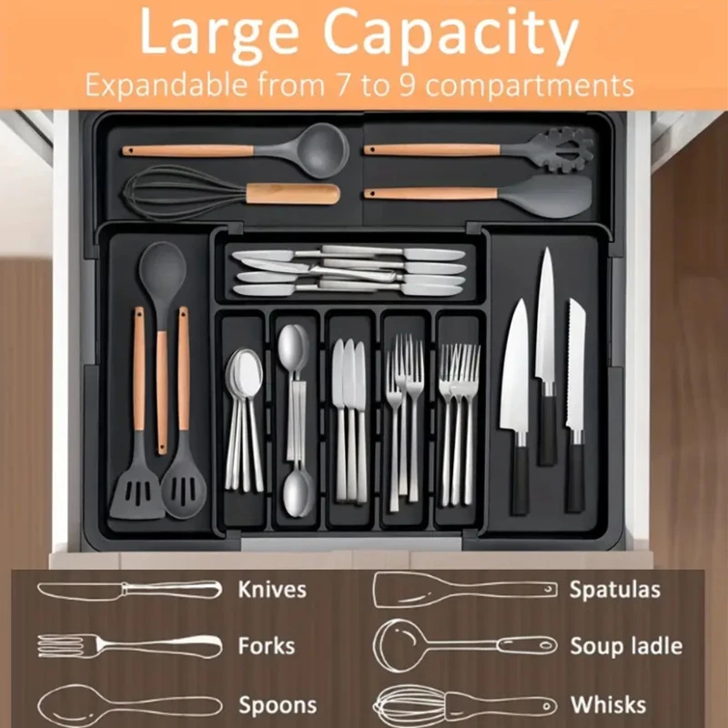 BPA Free Large Expandable Cutlery Tray - Kitchen Drawer Organizer for Silverware