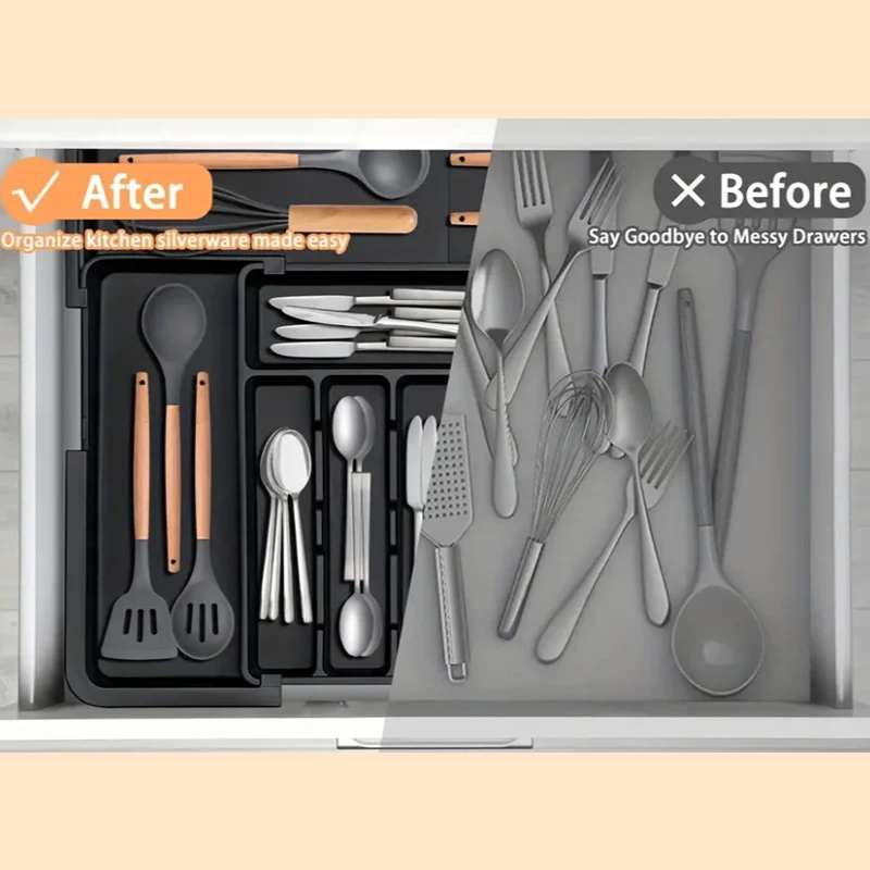 BPA Free Large Expandable Cutlery Tray - Kitchen Drawer Organizer for Silverware