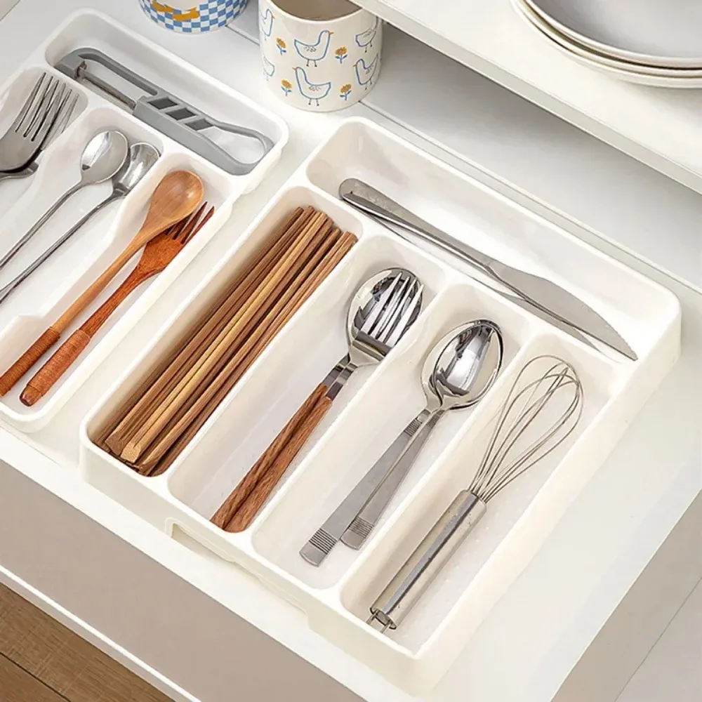 4/5 Compartment Cutlery Tray Rectangle Kitchen Drawer Organizer for Spoon Fork Separation Easy-Clean Home Storage Box Decorative