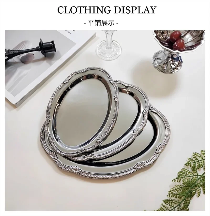 Vintage Embossed Silver Tray Serving Platter For Desserts Jewelry Storage Organizer Snack Plate Dining Table Decoration
