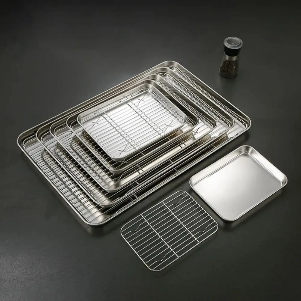 Portable Non-Stick Stainless Steel Baking Pan Removable Square BBQ Tray with Cooling Rack Oven Rack for Cooking Roasting