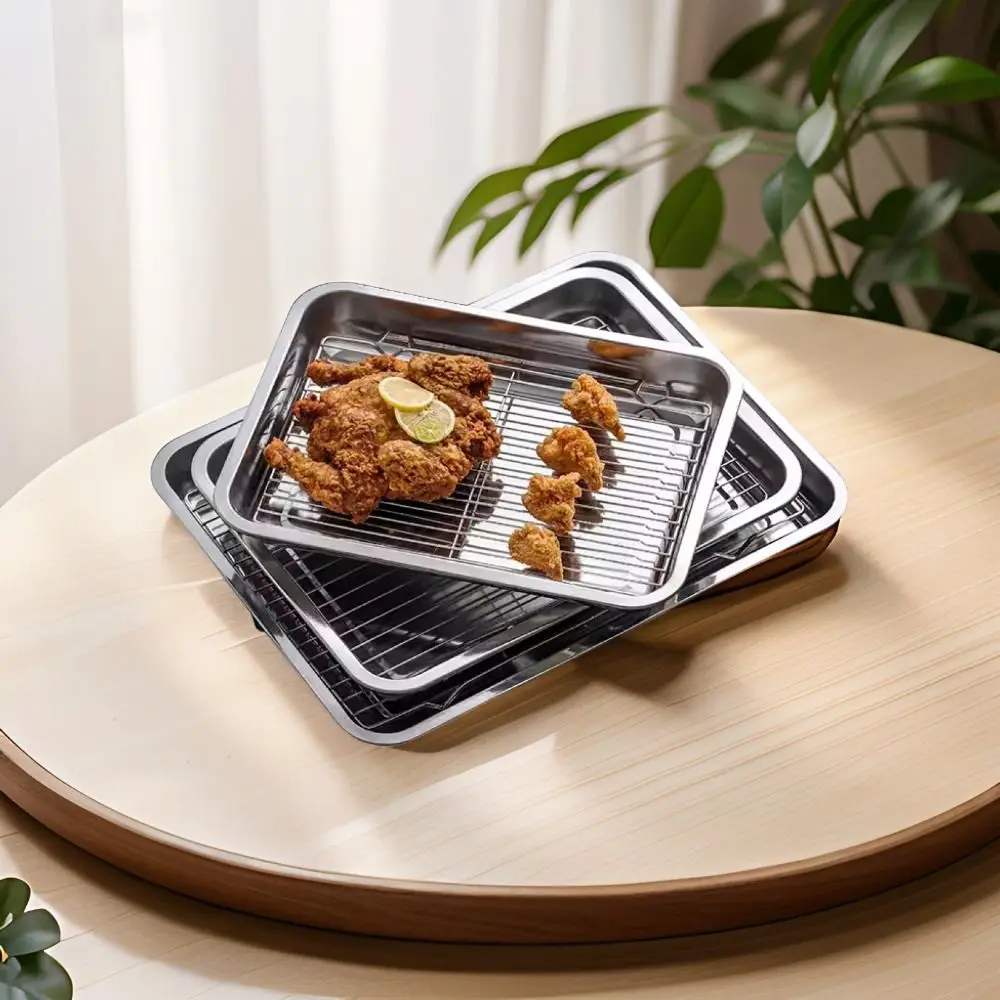 Portable Non-Stick Stainless Steel Baking Pan Removable Square BBQ Tray with Cooling Rack Oven Rack for Cooking Roasting