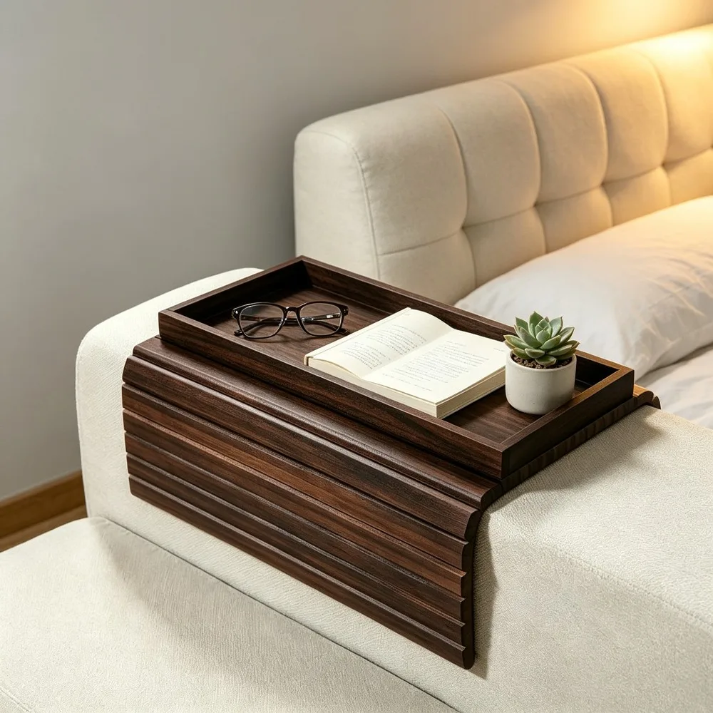 Bamboo Sofa Armrest Storage Tray Foldable Organizer for Couch Living Room Kitchen Snack Drink Remote Control Holder Space Saving