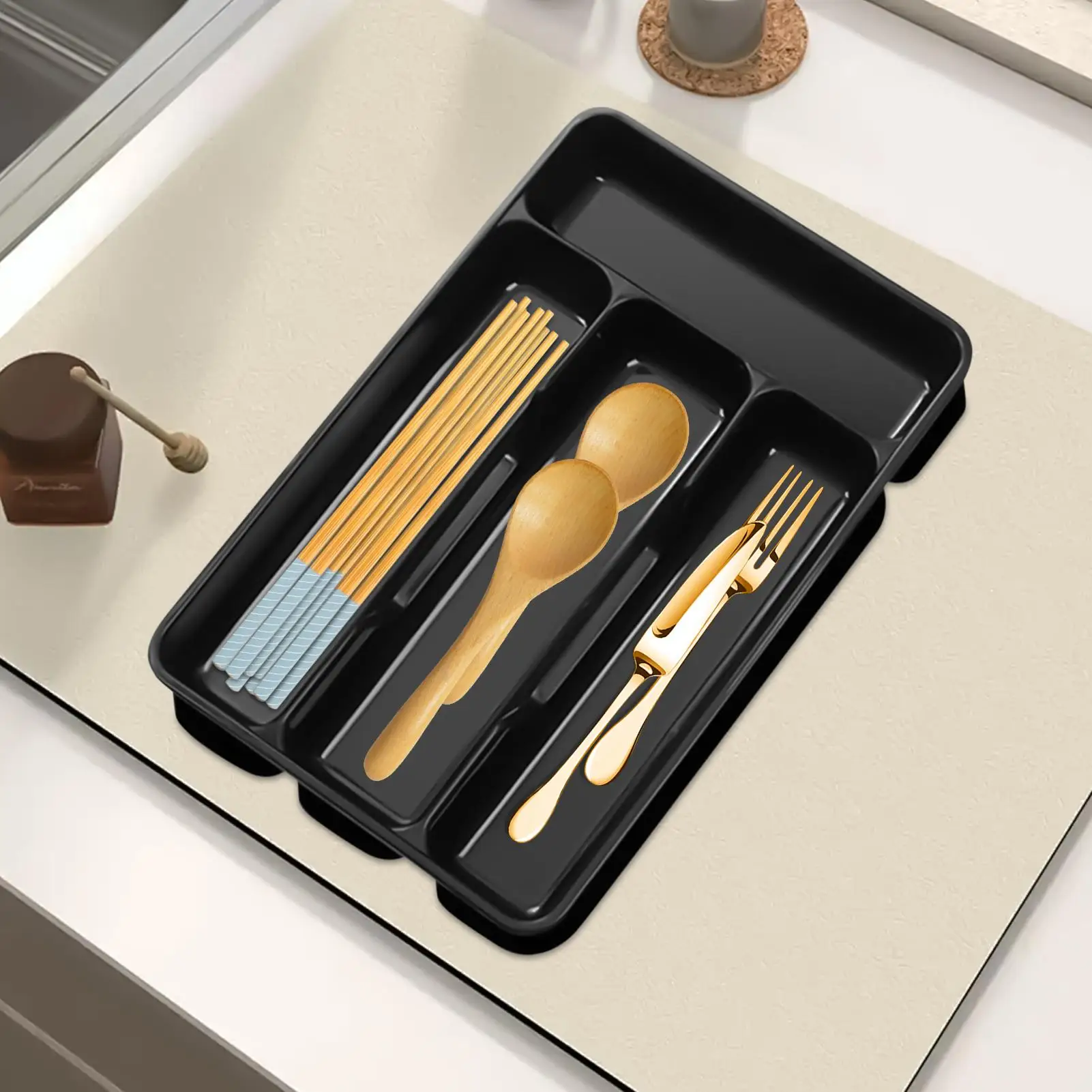Compact Silverware Organizer with 4 Compartments Flatware Holder, Kitchen Cabinet Countertop Storage Solution Home Use