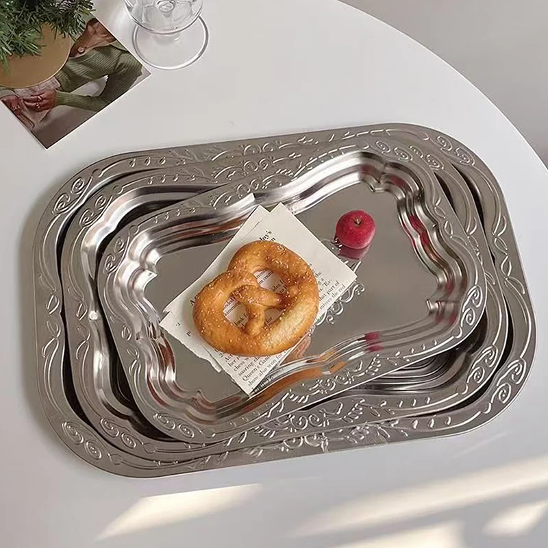 New Stainless Steel Rectangular Tray With Embossed Design For Kitchen Living Room Storage Durable Fruit Snack Cake Serving Dish