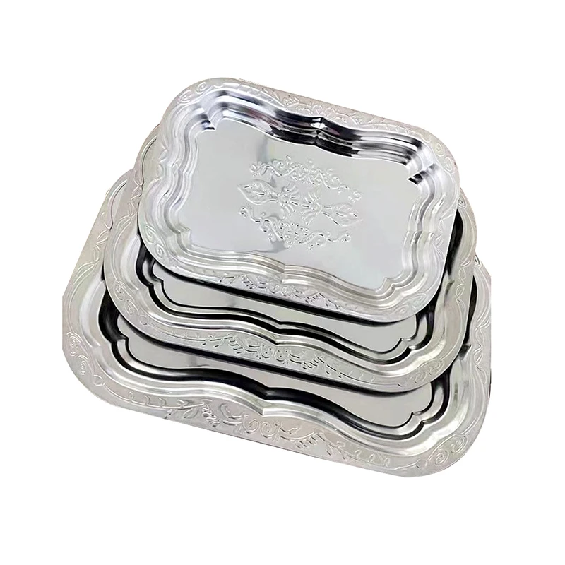 New Stainless Steel Rectangular Tray With Embossed Design For Kitchen Living Room Storage Durable Fruit Snack Cake Serving Dish