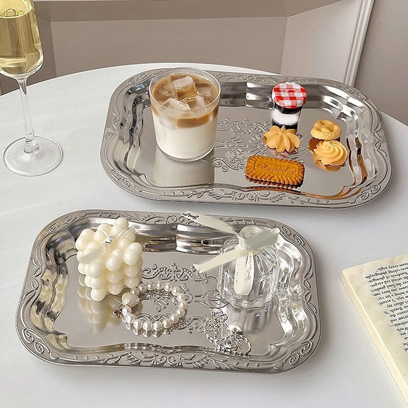 New Stainless Steel Rectangular Tray With Embossed Design For Kitchen Living Room Storage Durable Fruit Snack Cake Serving Dish