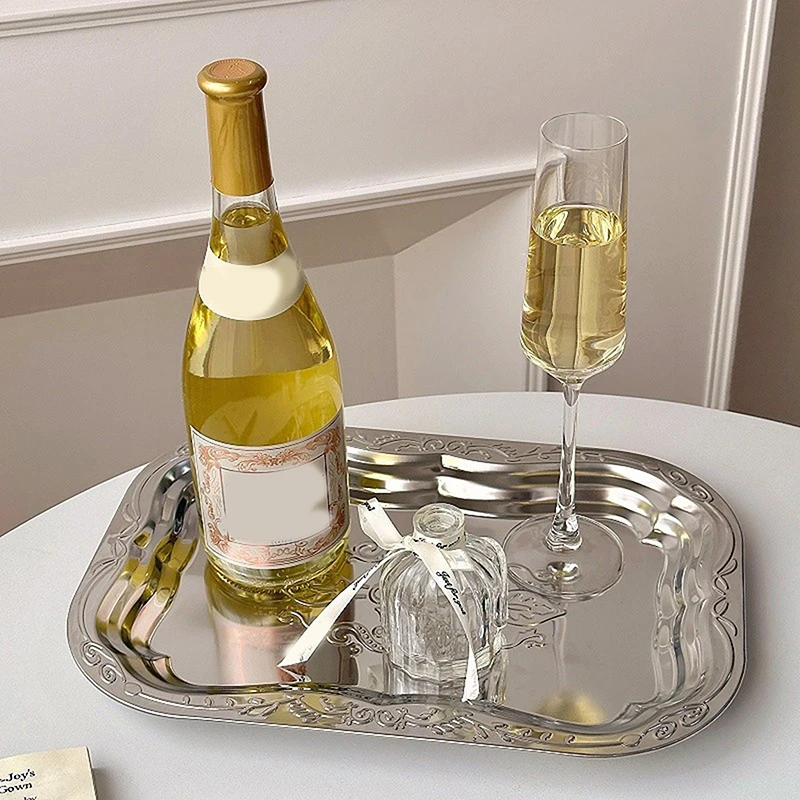 New Stainless Steel Rectangular Tray With Embossed Design For Kitchen Living Room Storage Durable Fruit Snack Cake Serving Dish