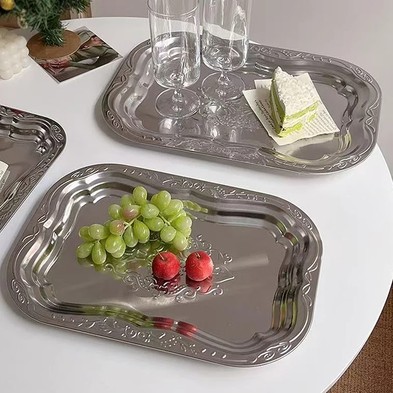 New Stainless Steel Rectangular Tray With Embossed Design For Kitchen Living Room Storage Durable Fruit Snack Cake Serving Dish