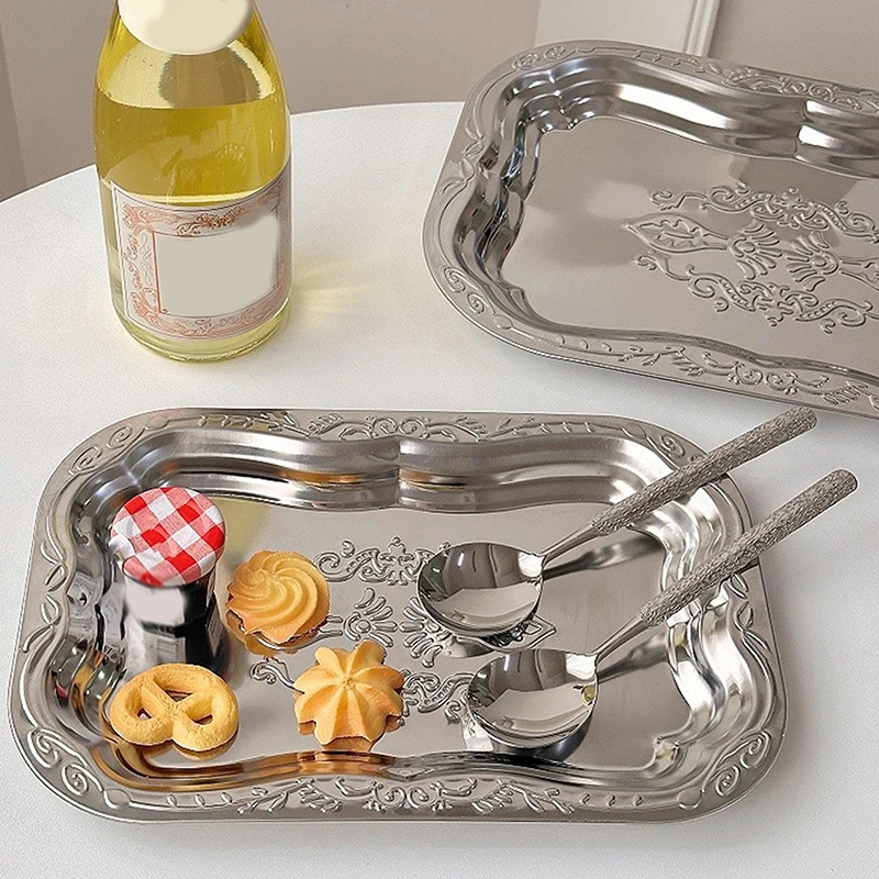 New Stainless Steel Rectangular Tray With Embossed Design For Kitchen Living Room Storage Durable Fruit Snack Cake Serving Dish