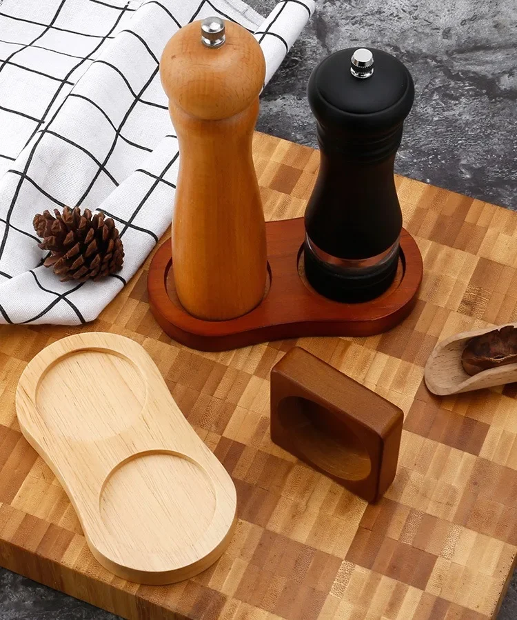 Wood Pepper Mill Tray Bamboo Salt Pepper Shaker Stand Tray Double Hole Base Tea Tray Home Decor Seasoning Bottle Storage Holder