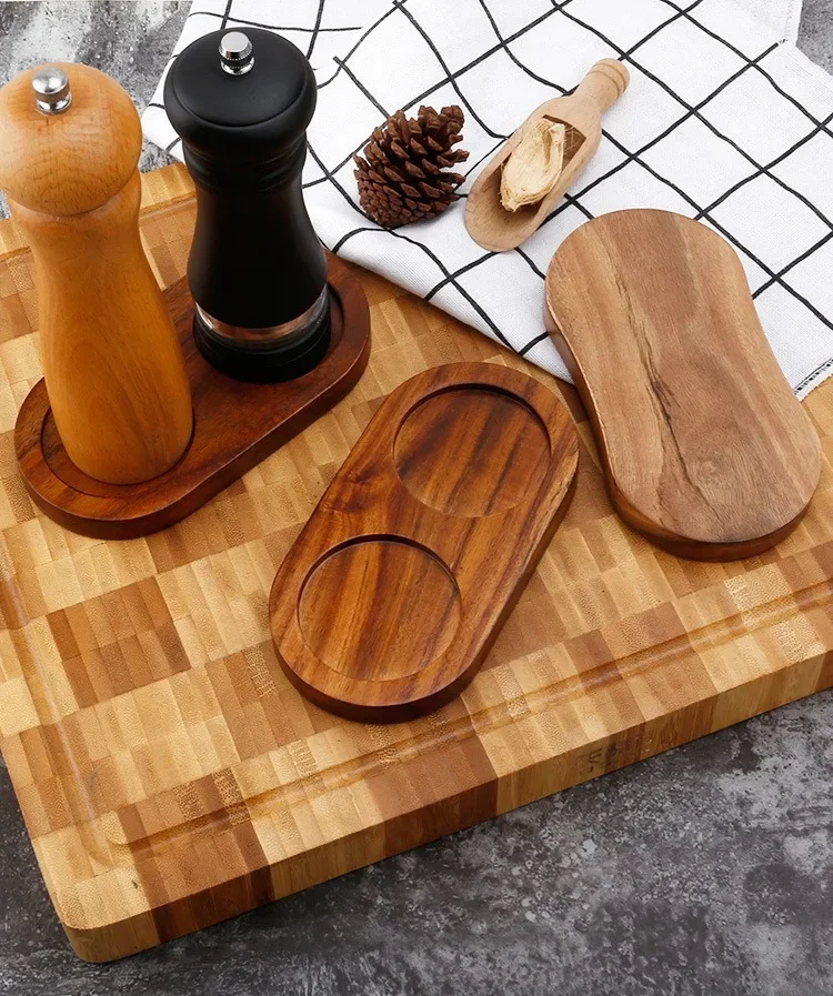 Wood Pepper Mill Tray Bamboo Salt Pepper Shaker Stand Tray Double Hole Base Tea Tray Home Decor Seasoning Bottle Storage Holder