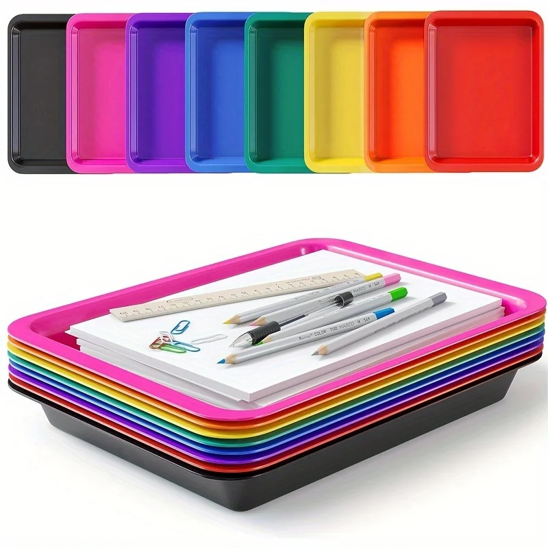 6pcs Brightly Colored Plastic Tray , Durable and Stackable Serving Trays for Snacks, Meals, Arts & Crafts, and Home Organization