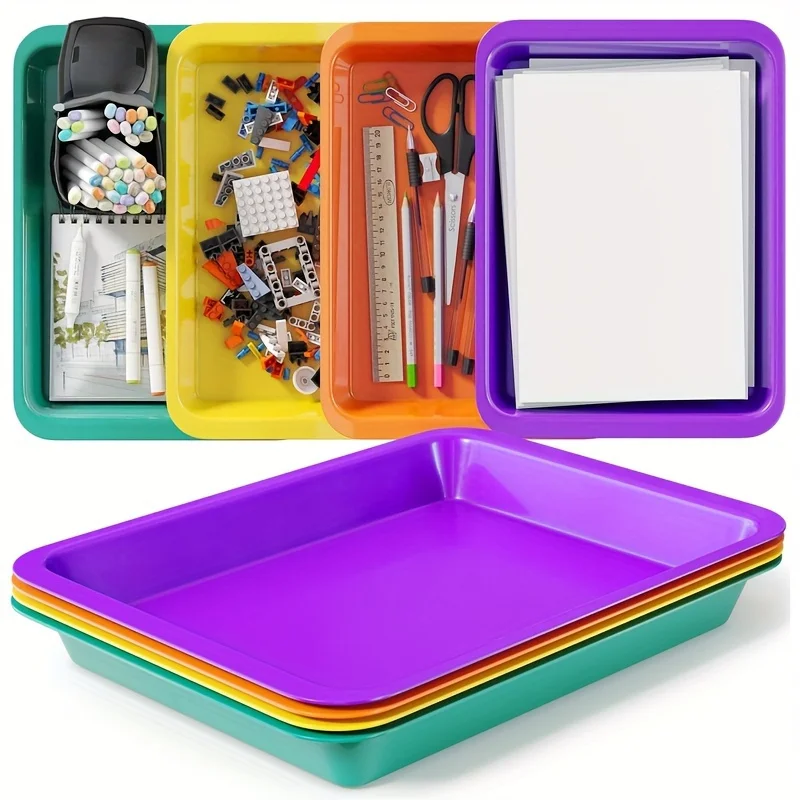 6pcs Brightly Colored Plastic Tray , Durable and Stackable Serving Trays for Snacks, Meals, Arts & Crafts, and Home Organization