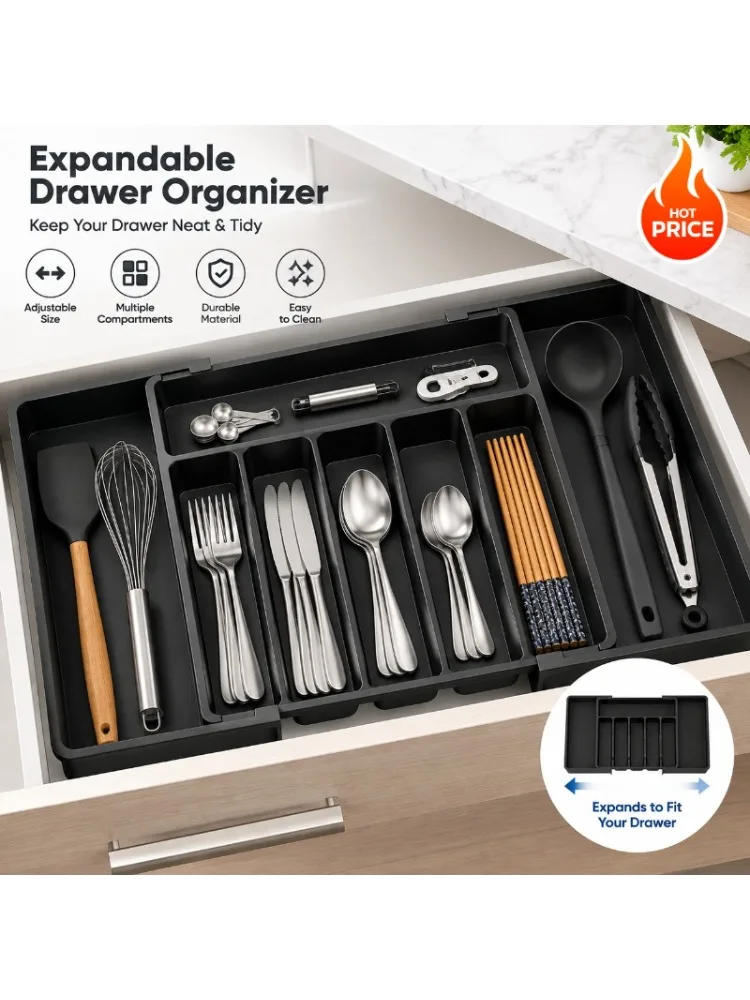 1Pc Silverware Drawer Organizer Expandable Adjustable Plastic Utensil Tray Cutlery Flatware Holder for Kitchen Drawer Storage