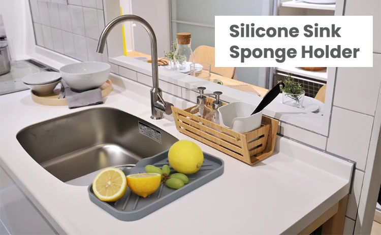 Silicone Faucet Mat Kitchen Sink Splash Drying Pad with Drain Soap Dispenser Sponge Storage Tray