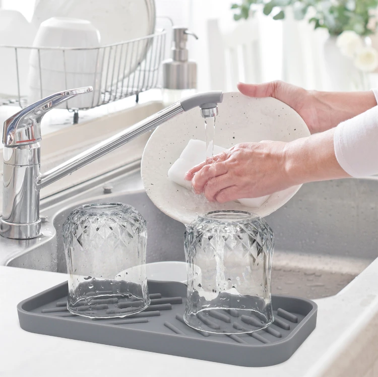 Silicone Faucet Mat Kitchen Sink Splash Drying Pad with Drain Soap Dispenser Sponge Storage Tray