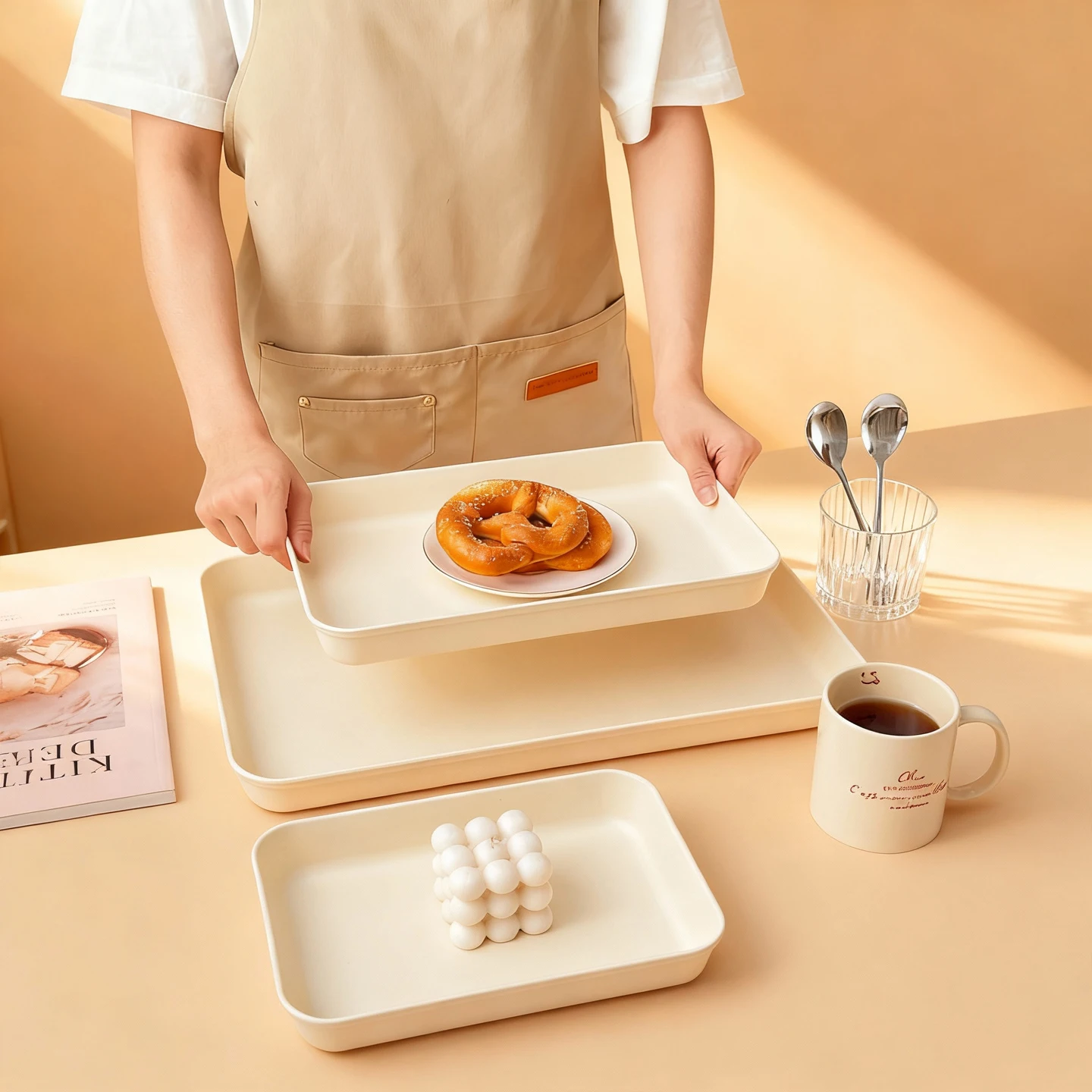 WORTHBUY Rectangular Plastic Food Serving Tray Large Capacity Dessert Fruit Tray Multi-Purpose Deepen Storage Tray For Kitchen