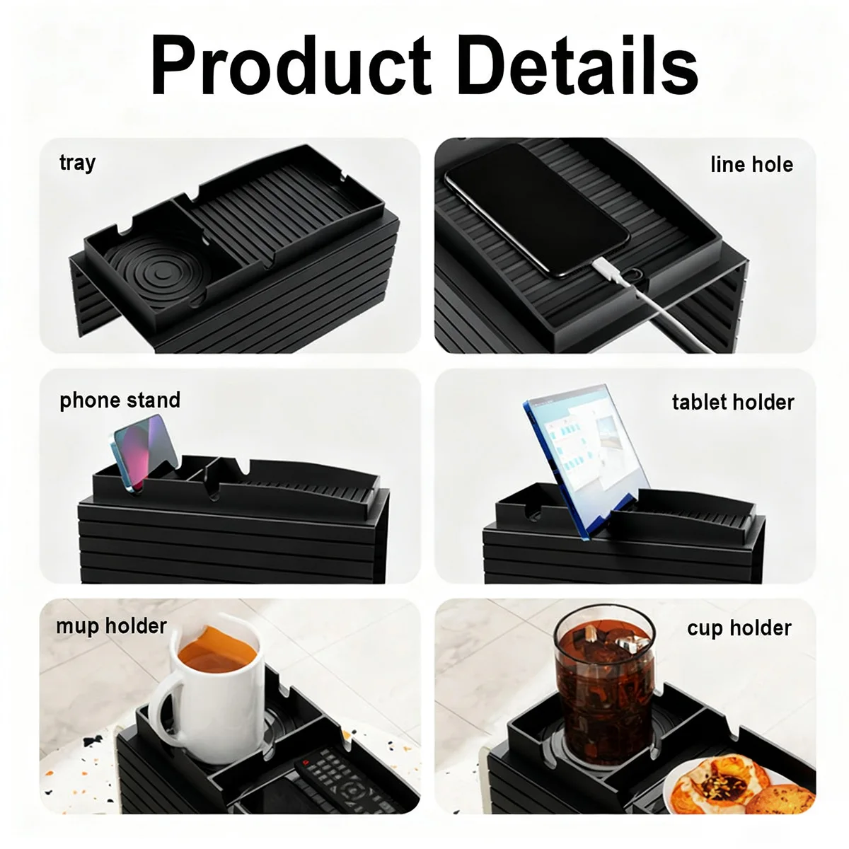 Couch Cup Holder Tray, Integrated Couch Arm Trays, Silicone Chair Clip on Tray, Armrest Tray for Snacks, Remote and Phones