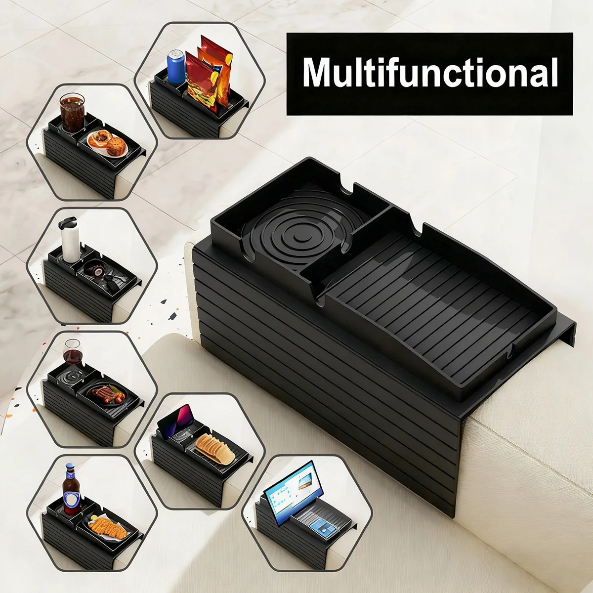 Couch Cup Holder Tray, Integrated Couch Arm Trays, Silicone Chair Clip on Tray, Armrest Tray for Snacks, Remote and Phones