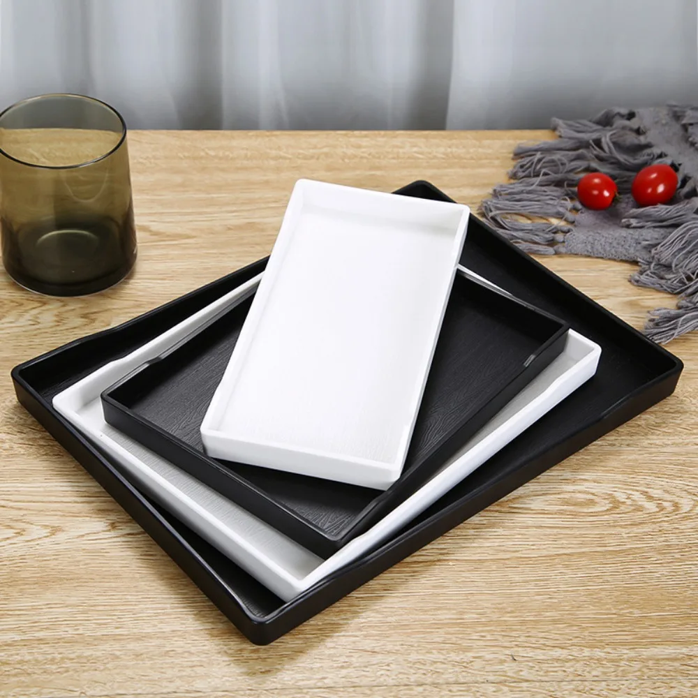Multi-Purpose Wood Grain Black Tray Plastic Rectangle Serving Trays Decorative Tray Bed Table Tray Kitchen Decoration Tools