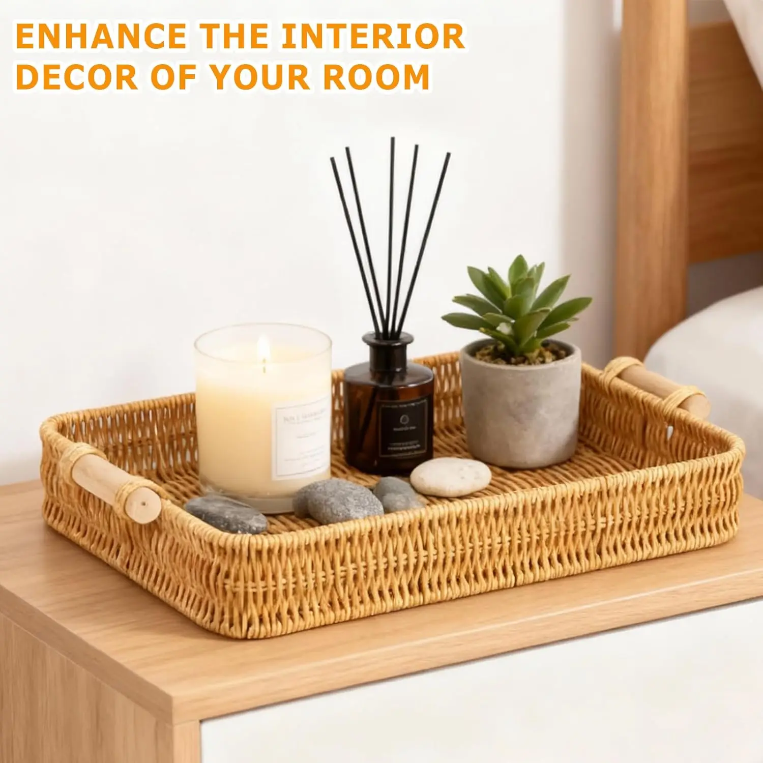 Wicker Tray Rectangular Rattan Tray for Fruit, Food Storage & Decoration – Essential for Home, Kitchen, Restaurant