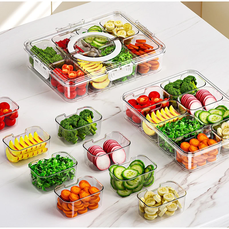 8-Grid Divided Plate with Lid Food Storage Box Snack Box Fruit Storage Container Candy Fruits Nuts Clear Refrigerator Organizer