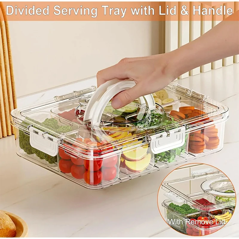 8-Grid Divided Plate with Lid Food Storage Box Snack Box Fruit Storage Container Candy Fruits Nuts Clear Refrigerator Organizer