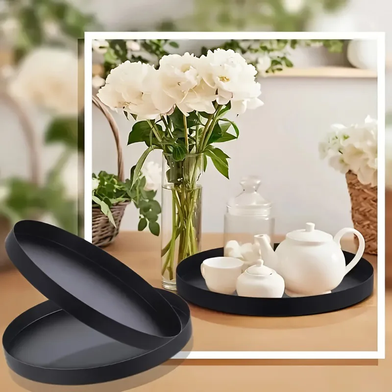1pcBathroom Aromatherapy Tray  Living Room Desktop Tray Black Metal Round Multifunctional Desk Storage Rack