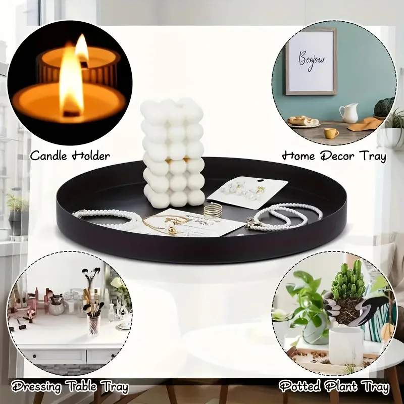 1pcBathroom Aromatherapy Tray  Living Room Desktop Tray Black Metal Round Multifunctional Desk Storage Rack