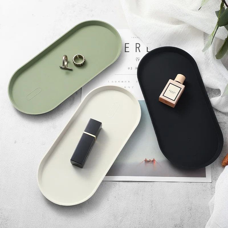 1pc Silicone Tray Non-Slip Bathroom Kitchen Countertop Organizer Oval Easy Clean Tray for Cosmetics Jewelry Perfume Soap Storage