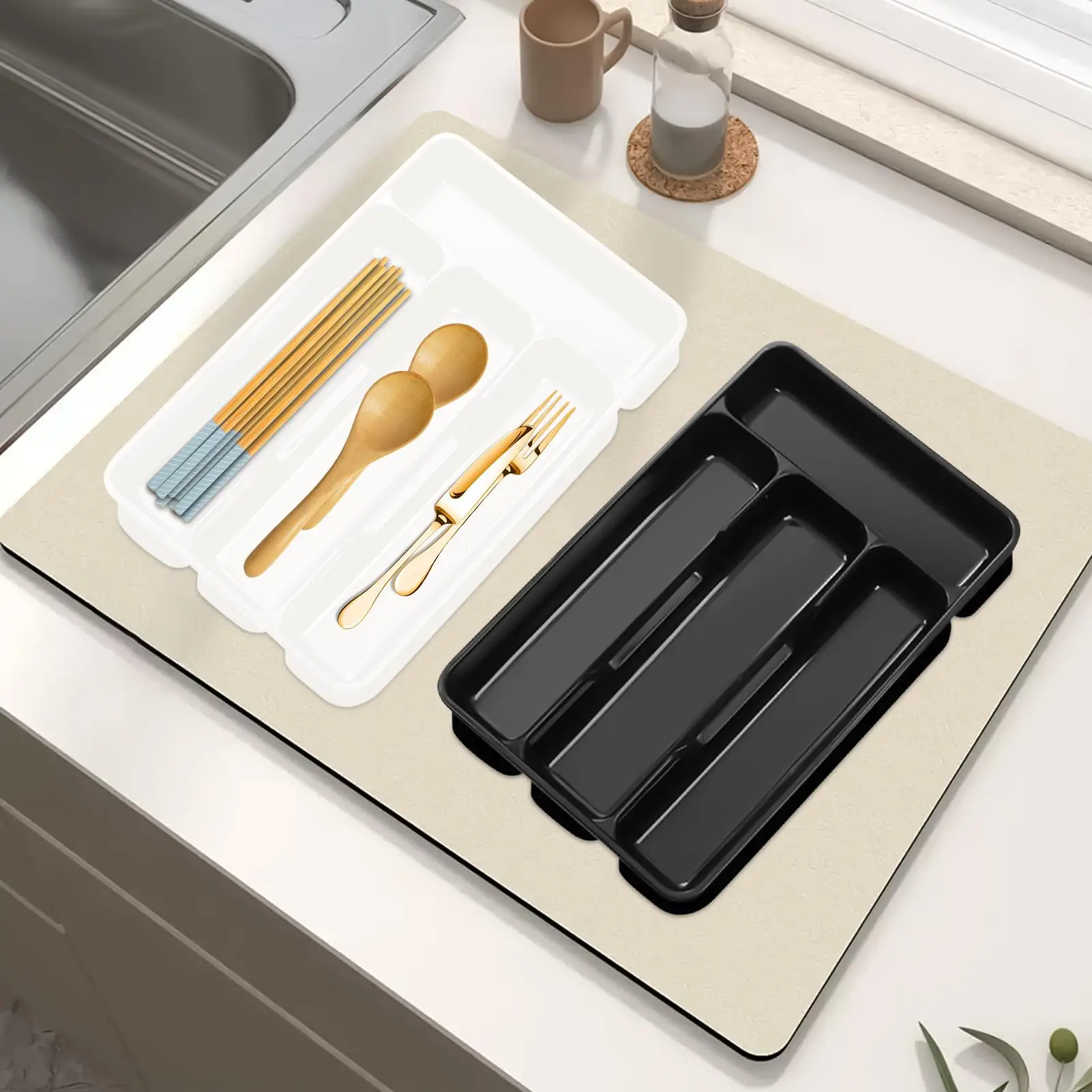 Silverware Tray for Drawer Flatware Organizer Compact Holder with 4 Compartment for Forks Cooking Kitchen Cabinet Countertop