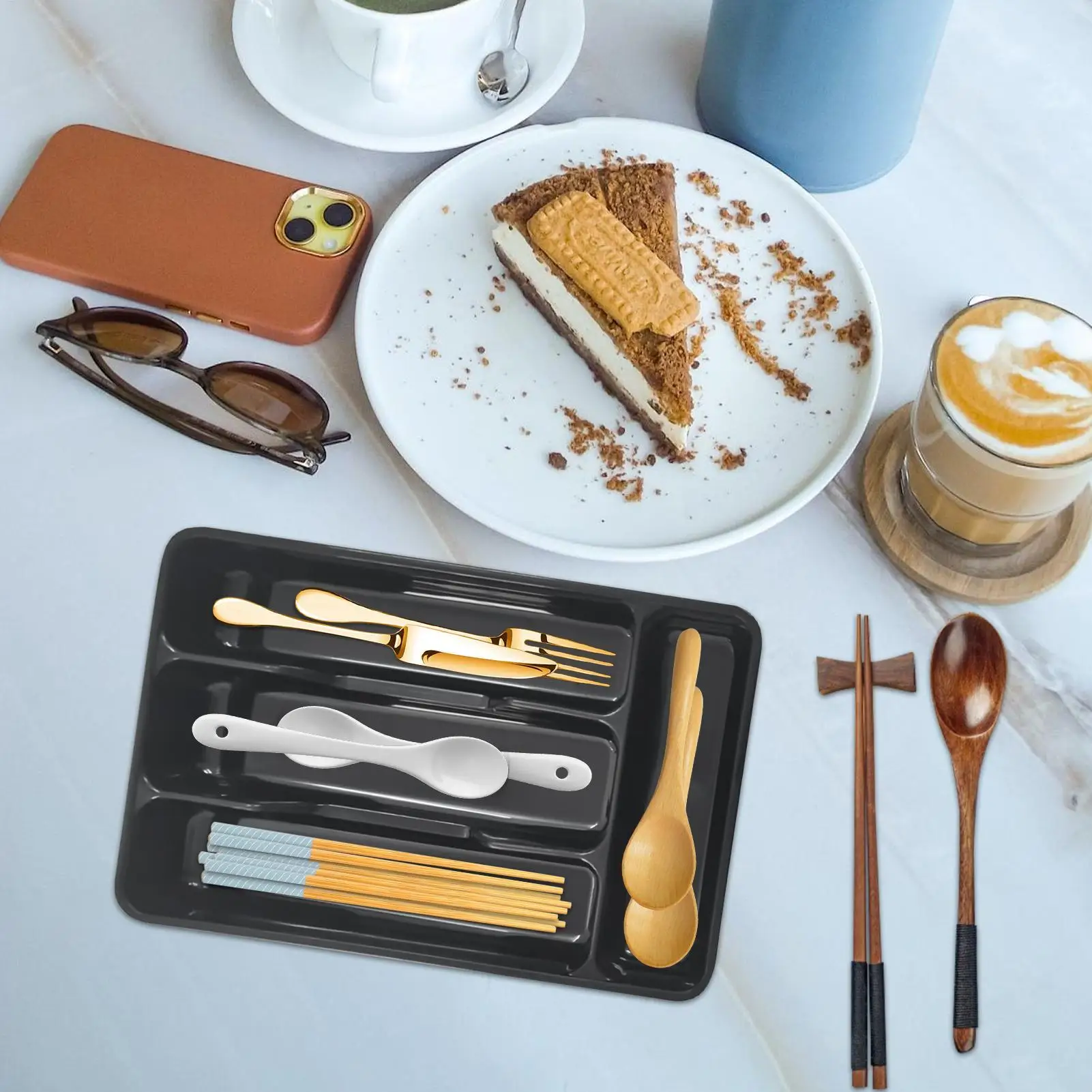 Silverware Tray for Drawer Flatware Organizer Compact Holder with 4 Compartment for Forks Cooking Kitchen Cabinet Countertop
